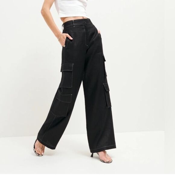 Reformation Mateo Pant 100% Linen Black Multi Cargo Pocket Wide Leg Trousers Sm